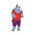 Rhino character in bright fancy clothing, hand drawn doodle, sketch, vector