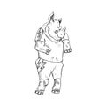 Rhino character in fancy clothing, hand drawn doodle, sketch, black and white vector