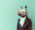 Rhino dressed as a English gentleman. Wild and noble nature contrast background