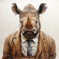 Vintage Watercolored Rhino In Brown Suit: Emotionally Charged Urban Portraits