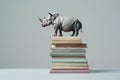 Rhino figurine on top of a stack of old books, representing education, knowledge, wildlife conservation, learning Royalty Free Stock Photo