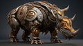 A rhino with gold and silver armor standing on a gray background, AI