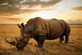 rhino grazing in field with sunset backdrop