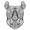 Rhino head with ornament. Tattoo art. Retro banner, card, scrap booking. t-shirt, bag, postcard, poster.