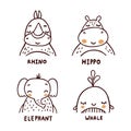 Rhino, hippo, elephant and whale vector illustrations set