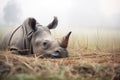 rhino lying down in a field surrounded by fog Royalty Free Stock Photo