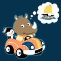 Cartoon of funny animals on car dreaming sailboat