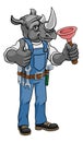 Rhino Plumber Cartoon Mascot Holding Plunger