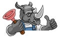 Rhino Plumber Cartoon Mascot Holding Plunger