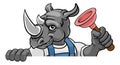 Rhino Plumber Cartoon Mascot Holding Plunger