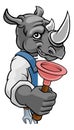 Rhino Plumber Cartoon Mascot Holding Plunger