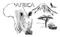 Rhino portrait on Africa map background with Kilimanjaro mountain, vulture and car