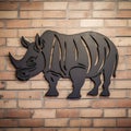 Rhino Statue Hanging From Brick Wall: Extruded Design, Urban Signage, Palewave Style