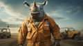Hyper-realistic Rhino In Orange Overalls: A Captivating Sci-fi Artwork