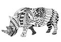 Rhino zentangle stylized, vector, illustration, freehand pencil, doodle, black and white. Zen art. Coloring book.