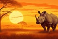 Rhinoceros african savanna sunset. Generate Ai