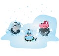 rhinoceros, bear and fish cartoon freezing in the cold. Vector illustration decorative design