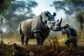 Rhinoceros in the jungle with a backpack and camera. generative AI