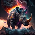 Rhinoceros in the forest. Fire and smoke background. AI Generated