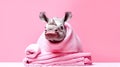 A rhinoceros, freshly bathed and wrapped in a towel