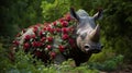 Rhinoceros Garden A Stunning Statue Covered In Roses Royalty Free Stock Photo