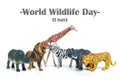 Rhinoceros, giraffe, lion, zebra, elephant isolated on white background Text World Wildlife Day 3 march celebrate many beautiful