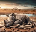 A rhinoceros resting on cracked earth near a watering hole in the African savanna