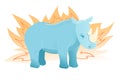Rhinoceros postcard in flat style on white background. Cartoon blue animal character. African mammal Cute design. Rhino