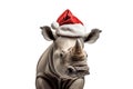 A rhinoceros in a red Santa Claus hat isolated on white background. Royalty Free Stock Photo