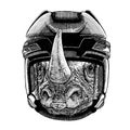 Rhinoceros, rhino, animal wearing hockey helmet. Hand drawn image of lion for tattoo, t-shirt, emblem, badge, logo