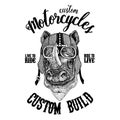 Rhinoceros, rhino Biker, motorcycle animal. Hand drawn image for tattoo, emblem, badge, logo, patch, t-shirt