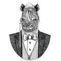Rhinoceros, rhino Hipster animal Hand drawn illustration for tattoo, emblem, badge, logo, patch, t-shirt