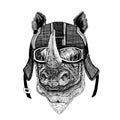 Rhinoceros, rhino Hipster animal wearing motorycle helmet. Image for kindergarten children clothing, kids. T-shirt
