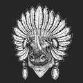 Rhinoceros, rhino portrait. Head of wild animal. Indian tribal traditional headdress with feathers. Royalty Free Stock Photo