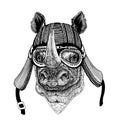 Rhinoceros, rhino wild biker animal wearing motorcycle helmet. Hand drawn image for tattoo, emblem, badge, logo, patch