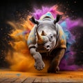 a rhinoceros running with powder