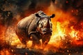 A rhinoceros running urgently in front of a raging fire in the forest, symbolizing the environmental threat posed by wildfires
