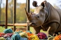 a rhinoceros standing on a blanket