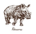 Rhinoceros standing, with inscription, hand drawn doodle