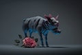 a rhinoceros standing next to a rose on a gray background