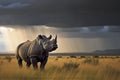 a rhinoceros standing in the savanna, set against a backdrop of a dark, stormy sky with a streak of light shining through, ai