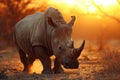 A rhinoceros stands in a field at sunset, illuminated by warm golden light, An impressive rhino, stark against the setting sun, AI