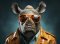 Rhinoceros with sunglasses wearing floral leather jacket on solid green background. Generative AI