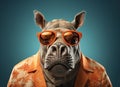 Rhinoceros with sunglasses wearing floral suit on solid green background. Generative AI