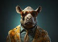 Rhinoceros with sunglasses wearing suit and tie on solid green background. Generative AI
