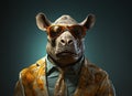 Rhinoceros with sunglasses wearing suit and tie on solid green background. Generative AI Royalty Free Stock Photo