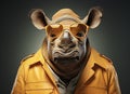 Rhinoceros with sunglasses wearing yellow leather jacket on solid green background. Generative AI