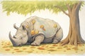 rhinoceros under the shadow of a tree, munching leaves Royalty Free Stock Photo