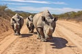 rhinoceroses walking on dried mud terrain