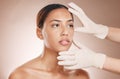 Rhinoplasty, hands and woman consulting for face botox, beauty implant or makeup cosmetics. Facial consultation